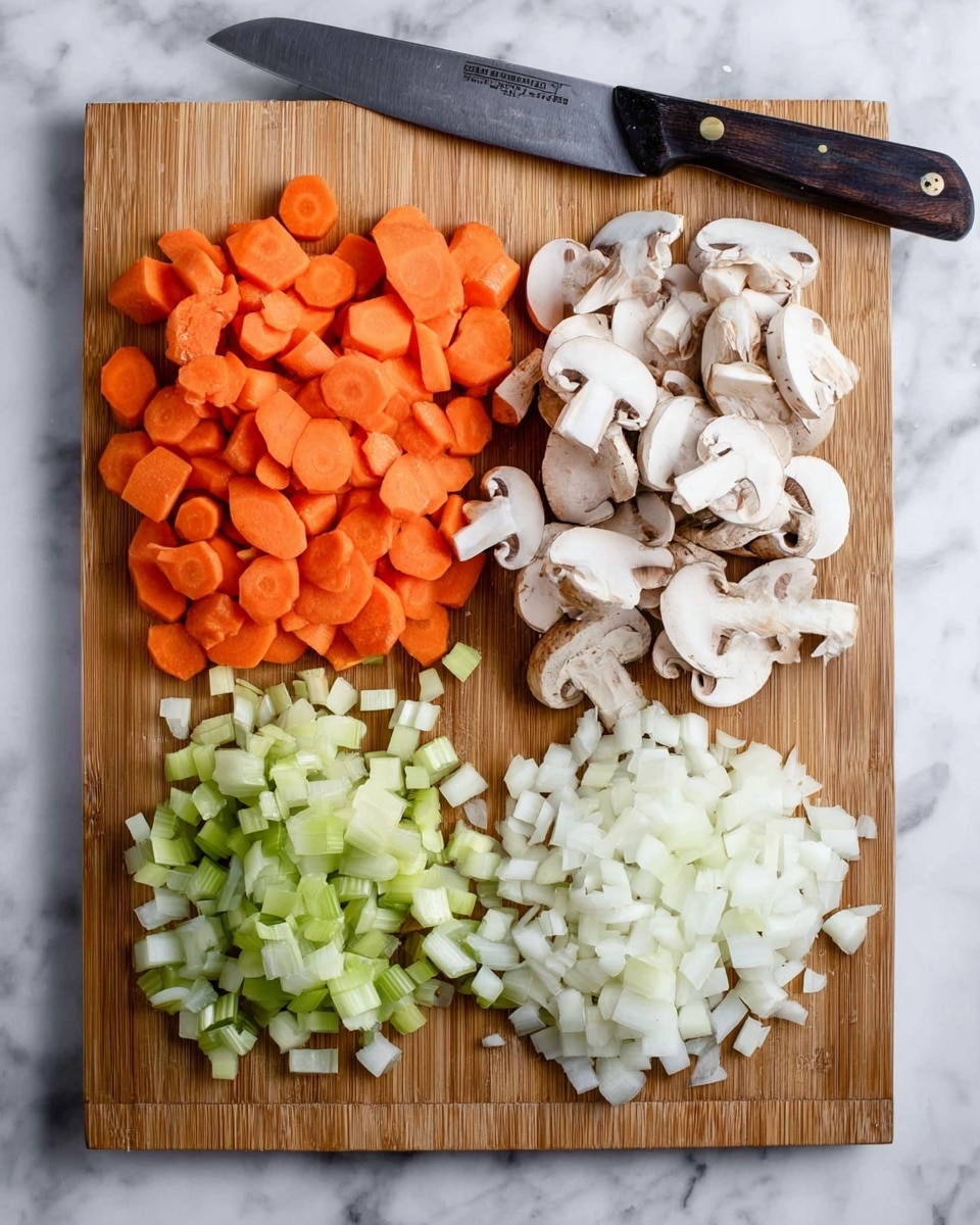 A wooden cutting board on a white marbled surface holds four piles of chopped vegetables arranged in a grid. The top left pile is made of sliced carrots with bright orange color, each slice thick and round. To the right of the carrots is a pile of white mushrooms, sliced into half-moon shapes showing their light brown undersides. Below the mushrooms is a pile of diced white onions with small, square pieces. To the left of the onions is a pile of chopped celery, pale green and cut into short pieces. A knife with a dark handle rests on the top right corner of the board. photo taken with an iphone --ar 4:5 --v 7