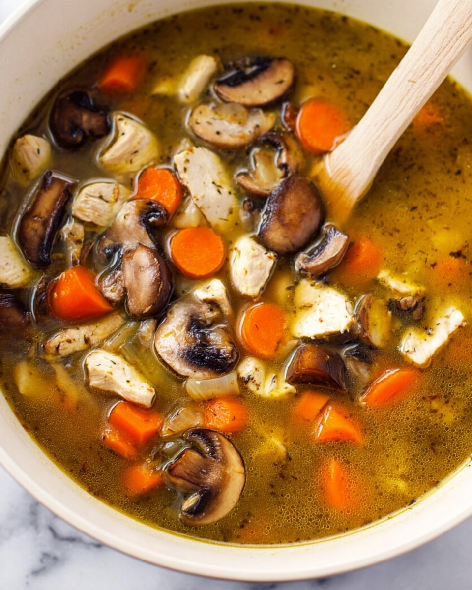 The image shows a close-up of a thick soup in a white bowl with a light brown wooden spoon resting inside. The soup has three main layers of ingredients: dark brown mushrooms sliced in half, bright orange carrot pieces cut into small chunks, and pieces of white chicken scattered throughout. The soup base is a translucent golden-brown broth with a slightly glossy texture, filling the entire bowl. The background features a white marbled surface. photo taken with an iphone --ar 4:5 --v 7