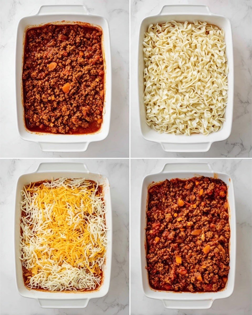 The image shows a step-by-step build of a layered casserole in a white rectangular baking dish on a white marbled surface, divided into four parts. The first layer is thick with chunky brown ground meat mixed with small orange carrot pieces in a deep red sauce, filling the dish evenly. The second layer is spread over the meat, consisting of white twisted pasta or noodles, lightly coated and piled all over the sauce. The third layer adds a generous covering of shredded yellow and white cheese on top of the noodles, spread evenly across the dish. Finally, the fourth layer repeats the first, with more chunky brown ground meat and carrots in red sauce spread over the cheese but thinner, allowing some cheese to peek through. photo taken with an iphone --ar 4:5 --v 7