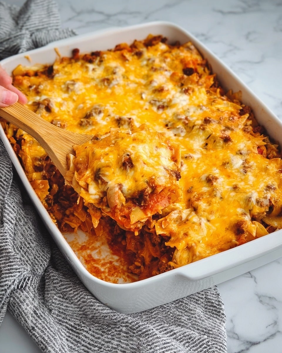 The dish is a baked casserole in a white rectangular oven dish. It has multiple layers starting with a tomato-based sauce at the bottom, followed by a layer of mixed cooked meat and vegetables, then a layer of noodles or pasta, topped with a thick melted cheese layer that is yellow and orange mixed, with some brown crispy spots from baking. A wooden spatula is partially inserted into the casserole, revealing the layers inside, and part of a woman's hand is holding the spatula. The dish is placed on a white marbled surface, with a grey and white striped cloth nearby. Photo taken with an iphone --ar 4:5 --v 7