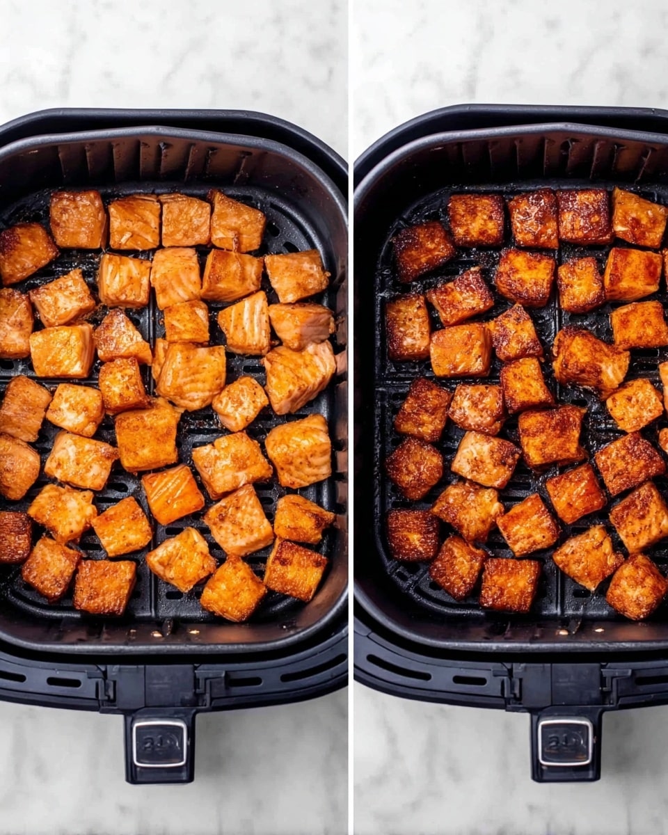 The image shows two air fryer trays, each filled with evenly spaced small cubes of salmon. The left tray has salmon pieces with a light orange color and a slightly glossy texture, while the right tray's salmon cubes have a darker, richly browned and crispier appearance, indicating they have been cooked longer. Both trays are black and placed on a white marbled surface. photo taken with an iphone --ar 4:5 --v 7