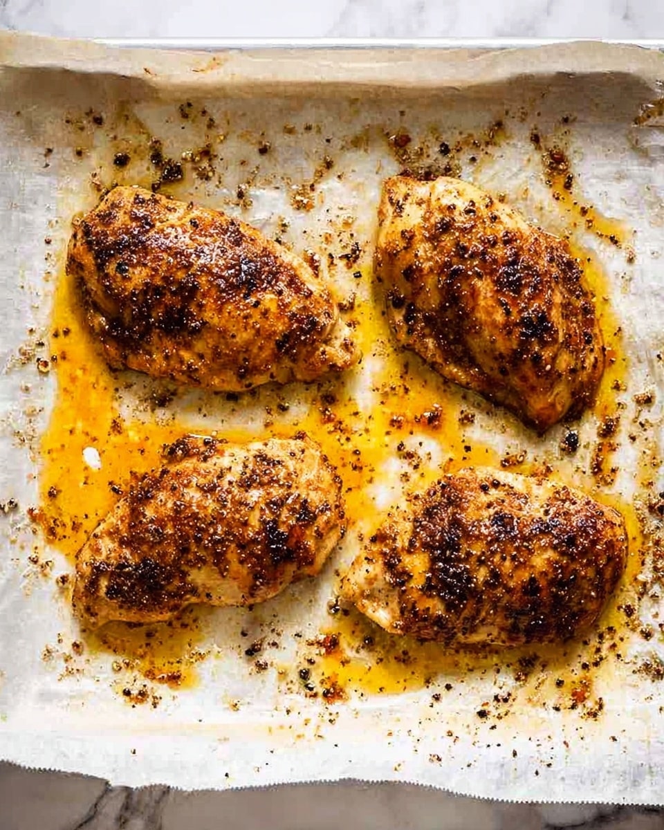 Four seasoned and cooked chicken pieces with a golden brown color and a slightly crispy texture are placed in a row on a white baking tray lined with parchment paper. The chicken is covered with small dark spice specks, and the tray has bright orange oil stains and some scattered blackened seasoning bits around the chicken. The background is a white marbled texture. Photo taken with an iphone --ar 4:5 --v 7