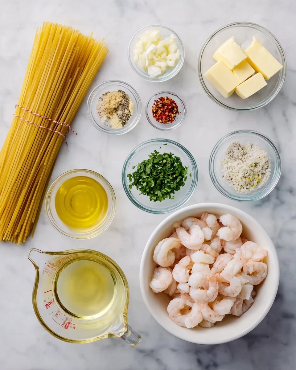 The image shows several clear glass bowls arranged on a white marbled surface, each with different cooking ingredients. On the left, a bunch of tied spaghetti pasta rests. There are small glass bowls with cubed butter, olive oil, finely chopped shallots, minced garlic, red pepper flakes, chopped parsley, ground black pepper, salt, and a light yellow liquid. A white bowl holds peeled raw shrimp placed on the right side. In front, a glass measuring cup contains a clear liquid. The setup is neat and organized from a top-down view. Photo taken with an iphone --ar 4:5 --v 7