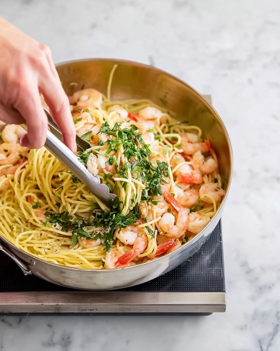 A close-up view of a pan on an induction cooktop with spaghetti pasta and cooked shrimp inside the pan. The dish has two main layers: the bottom one is light yellow spaghetti noodles, and the top layer has pink shrimp and freshly chopped green herbs. A woman's hand with tongs is seen lifting some spaghetti noodles mixed with the shrimp and herbs. The background is a white marbled texture. photo taken with an iphone --ar 4:5 --v 7