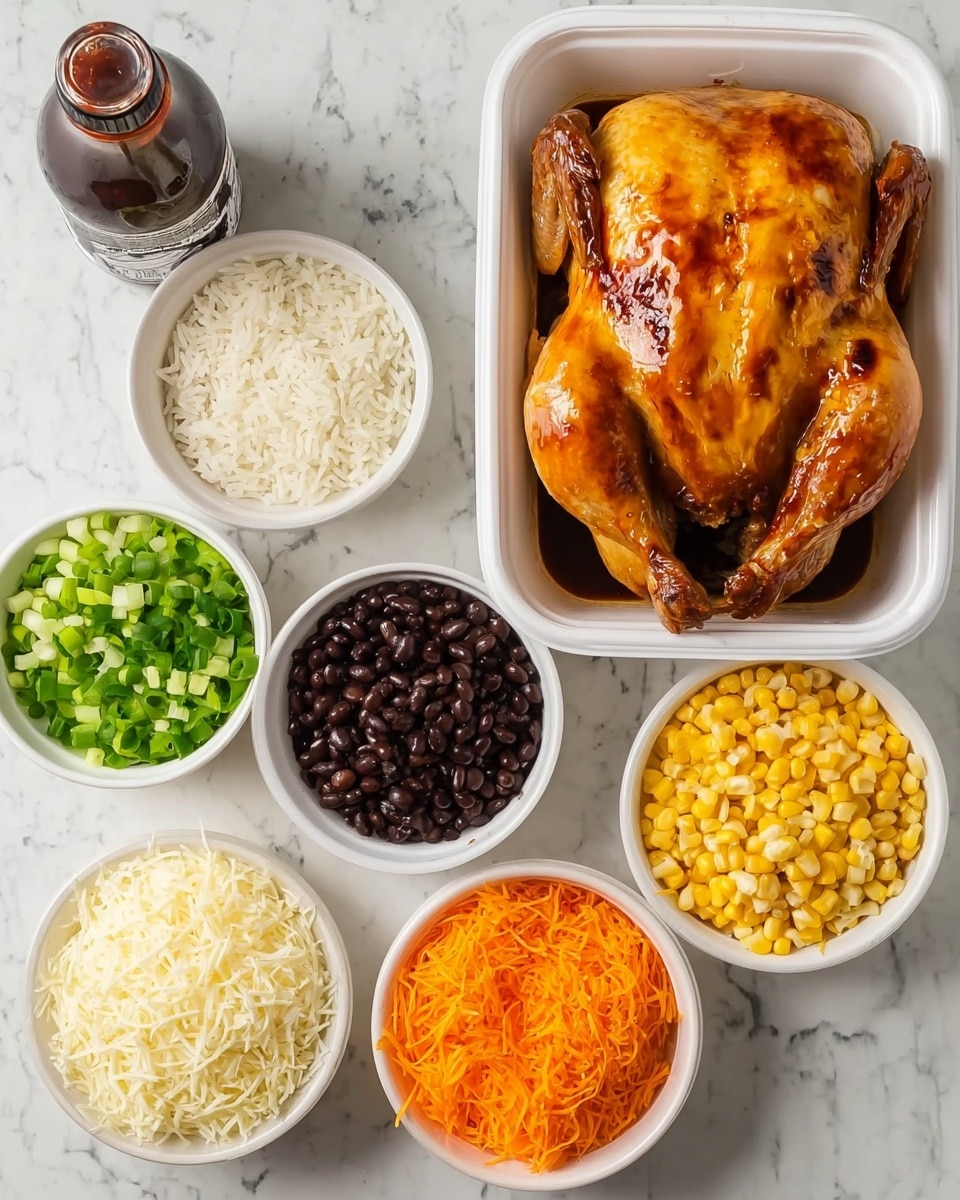 A whole roasted chicken with golden-brown skin sits in a white plastic tray at the center. Surrounding it on a white marbled surface are eight white bowls: one filled with long-grain white rice, another with chopped white onions, a bowl with chopped green onions, one holding black beans, a bowl with shredded orange carrots, another with shredded pale cheese, a bowl filled with yellow corn kernels, and the last one containing a white shredded cheese variety. Next to the bowls is a bottle of dark barbecue sauce with a black label. The setting is neat and organized, showcasing the ingredients clearly. photo taken with an iphone --ar 4:5 --v 7