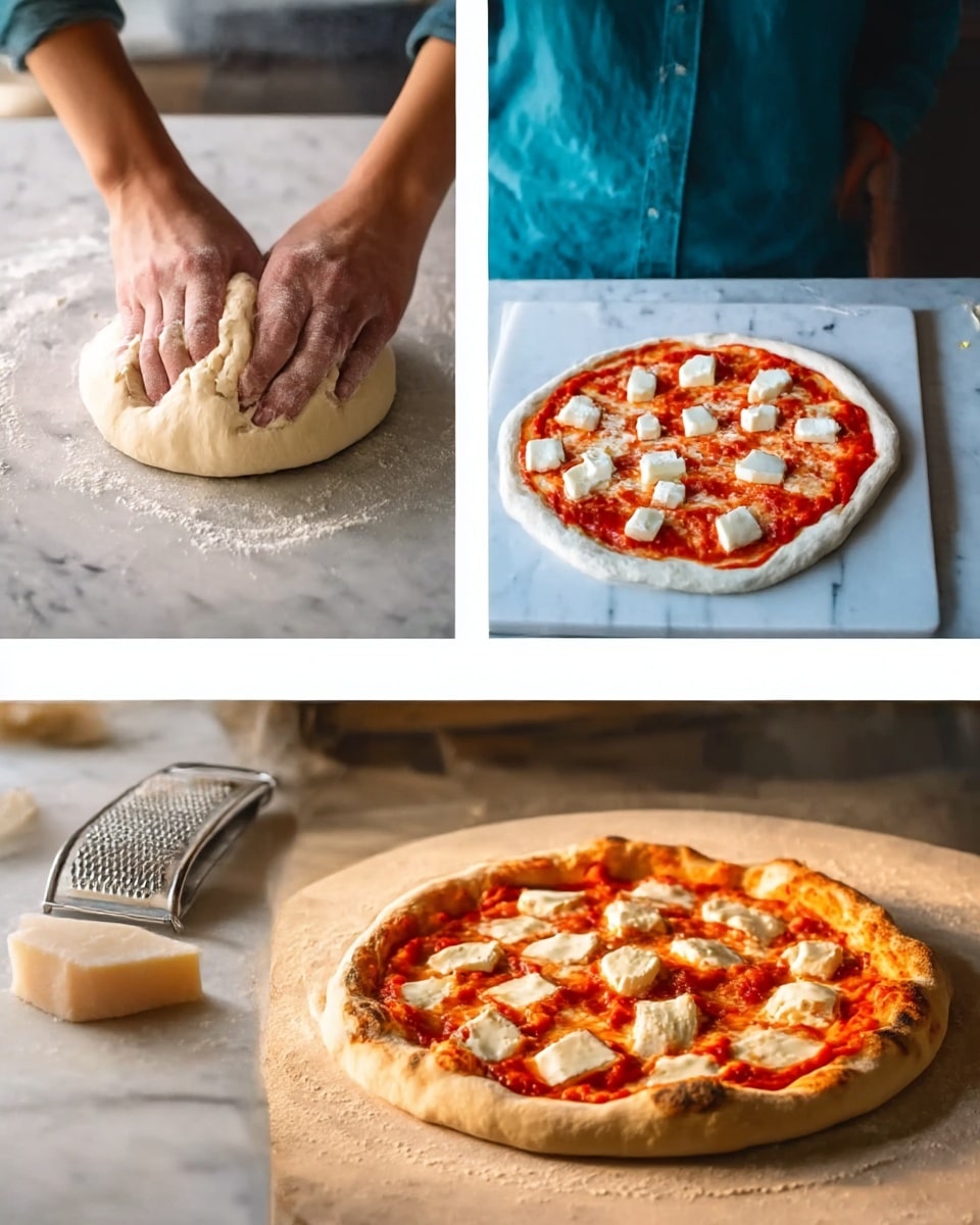 The image shows three stages of making a pizza. The first part has a woman's hand kneading a light beige dough on a white marbled surface, with the person wearing a teal shirt. The middle part shows an uncooked pizza with a circular base covered evenly with red tomato sauce, topped with scattered chunks of white cheese squares, placed on a white marble cutting board with a silver grater and a piece of pale dough nearby. The last part shows the cooked pizza on a pizza stone, with the crust browned and slightly puffed, the sauce visible between melted white cheese patches, all under warm lighting that highlights the golden and red colors. photo taken with an iphone --ar 4:5 --v 7