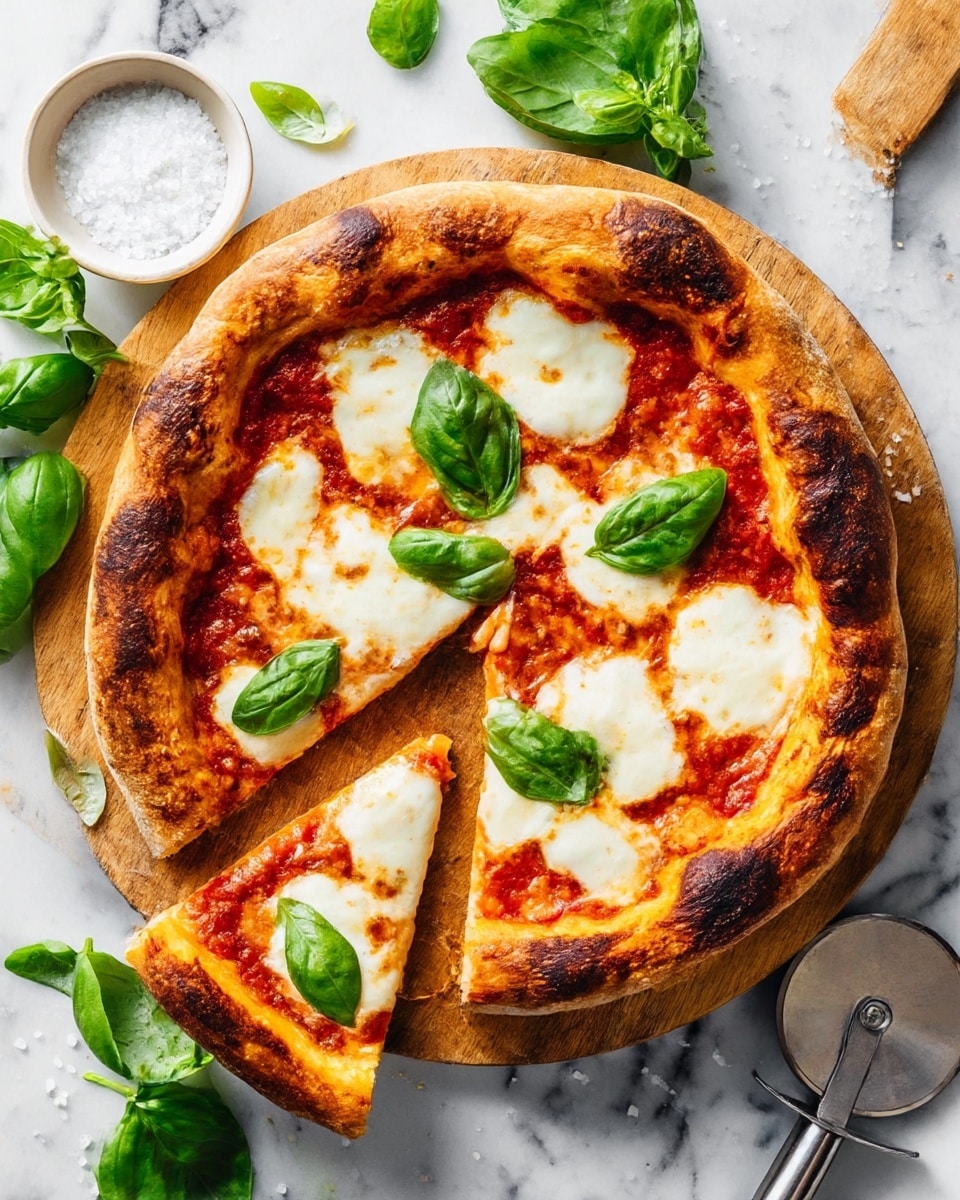 A round pizza with a thick, golden-brown crust that has dark spots from baking, topped with a bright red tomato sauce spread evenly under melted white mozzarella cheese blobs scattered across the surface. Fresh green basil leaves are placed on top of the cheese, adding a fresh contrast. The pizza is sitting on a wooden cutting board, with one slice slightly pulled out showing the soft inside of the crust. Around the board, there are fresh basil leaves and a small white bowl of coarse salt on a white marbled surface. A metal pizza cutter is placed on the right side. Photo taken with an iphone --ar 4:5 --v 7
