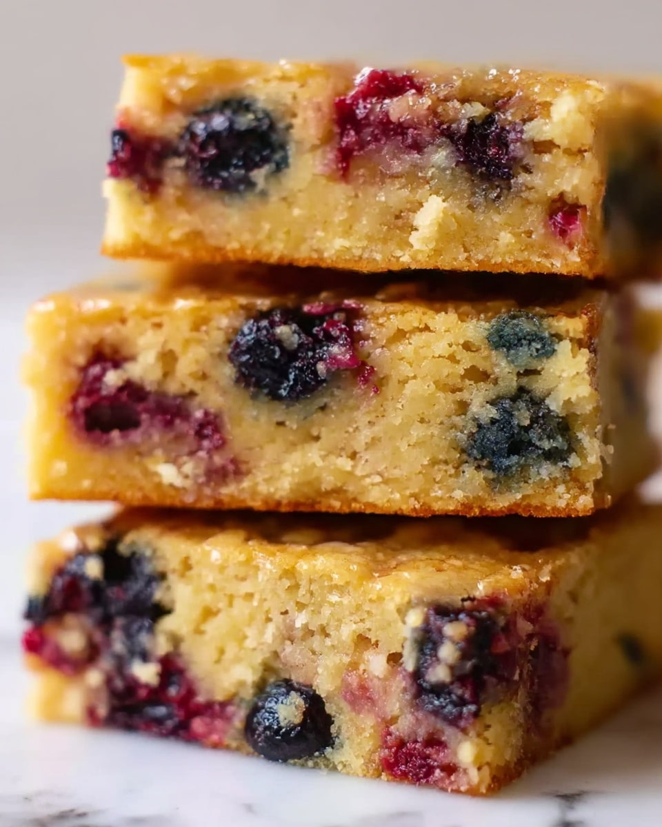A close-up view of three stacked dessert bars on a white marbled surface, each bar showing a dense, soft texture with visible mixed berries embedded inside. The bars have a golden-brown top layer with a slightly shiny finish, while the inside layers are light yellow with colorful berries spread through, including dark blue and red shades. The edges of the bars are slightly crumbly, and the juicy berries add contrast to the soft cake layers, giving a rich and fresh appearance. Photo taken with an iphone --ar 4:5 --v 7