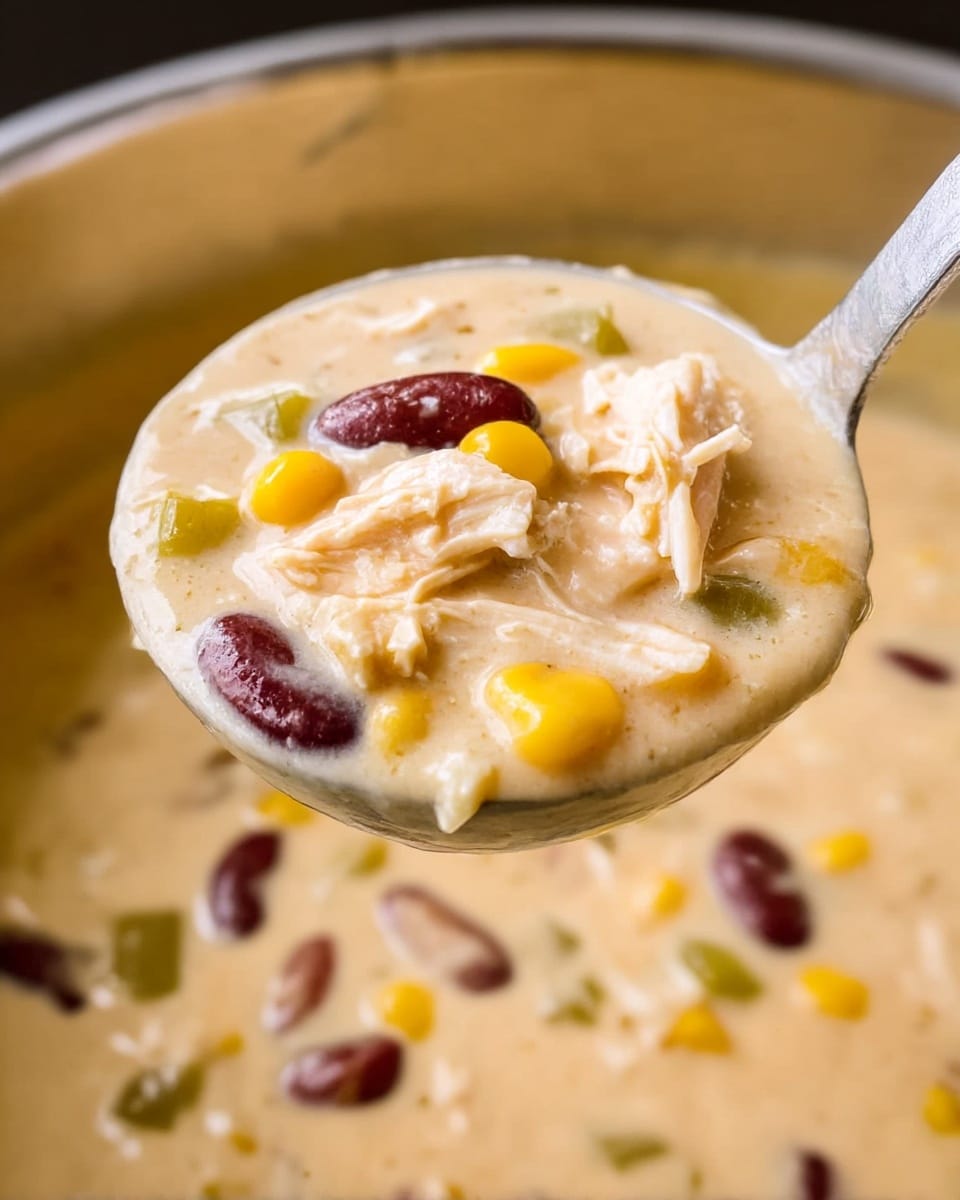 A close-up of a large silver ladle filled with creamy soup that has three main layers: a thick, smooth light beige base, with chunky pieces of yellow corn, dark red kidney beans, and shredded white chicken mixed evenly throughout; scattered pieces of green bell pepper add a touch of color and texture. The ladle is held above a pot of the same creamy soup with a blurred, white marbled background visible behind. photo taken with an iphone --ar 4:5 --v 7