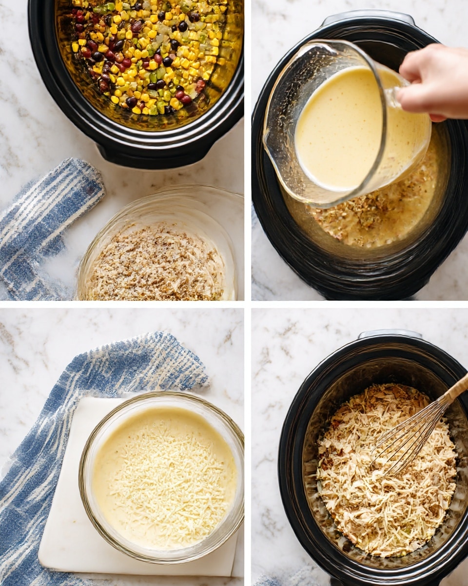 The image shows a step-by-step cooking process inside a black slow cooker on a white marbled surface with a blue and white striped cloth nearby. The first layer is a mix of yellow corn, black beans, chopped green peppers, and brown seasonings spread evenly inside the slow cooker. Next, a yellowish liquid broth is poured over these ingredients by a woman's hand holding a clear measuring cup. The broth covers the mixture with visible chunks of vegetables floating on top. Separately, shredded light brown chicken is placed on a white cutting board with a fork. In a glass bowl, a pale yellow creamy mixture with white powder is whisked by a woman's hand, showing smooth texture after mixing. This creamy mixture is poured over the slow cooker contents, lightly covering the earlier layers. The shredded chicken is then added in the middle of the creamy blend inside the cooker. Shredded white cheese is sprinkled on top, followed by the final layer that shows the creamy mixture again with corn, beans, and seasonings mixed in, creating a rich and hearty look. photo taken with an iphone --ar 4:5 --v 7