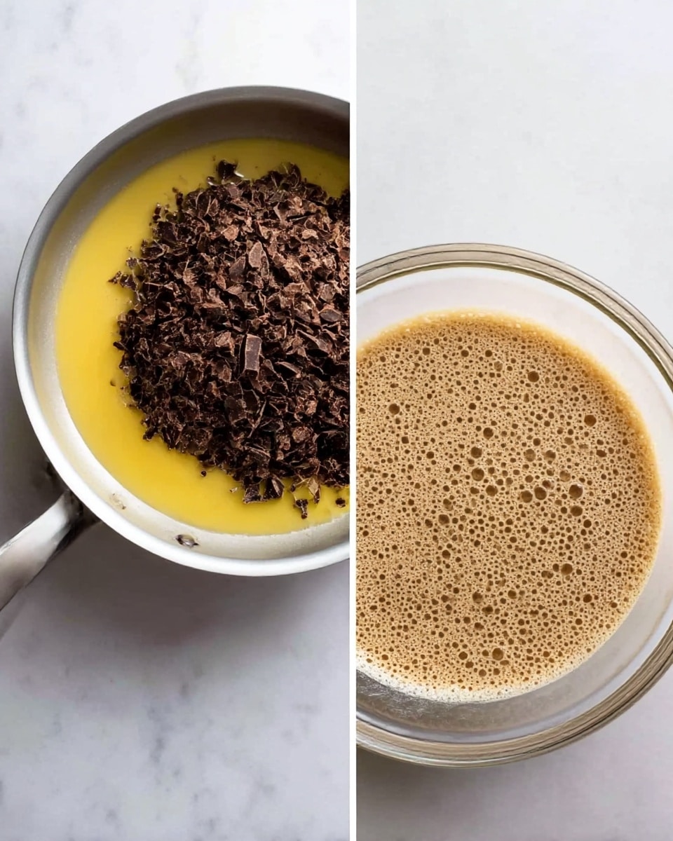The first image shows a silver pan on a white marbled surface filled with melted yellow butter and a large pile of dark brown chopped chocolate on top, ready to be mixed. The second image shows a clear glass bowl on the same white marbled surface filled with a light brown, foamy liquid with small bubbles on the surface. photo taken with an iphone --ar 4:5 --v 7