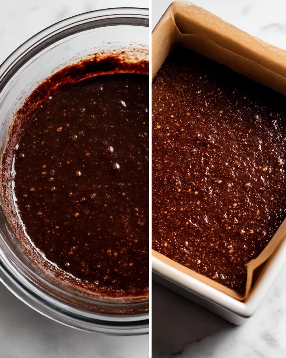 The image shows two close-up views of a dark brown chocolate batter with small air bubbles and slightly uneven texture. On the left side, the batter fills a clear glass bowl, showing thick, glossy, slightly lumpy chocolate mix inside. On the right side, the batter is spread evenly in a square white baking pan lined with brown parchment paper, sitting on a white marbled surface. The batter in the pan looks smooth with a few shiny spots, ready to be baked. photo taken with an iphone --ar 4:5 --v 7