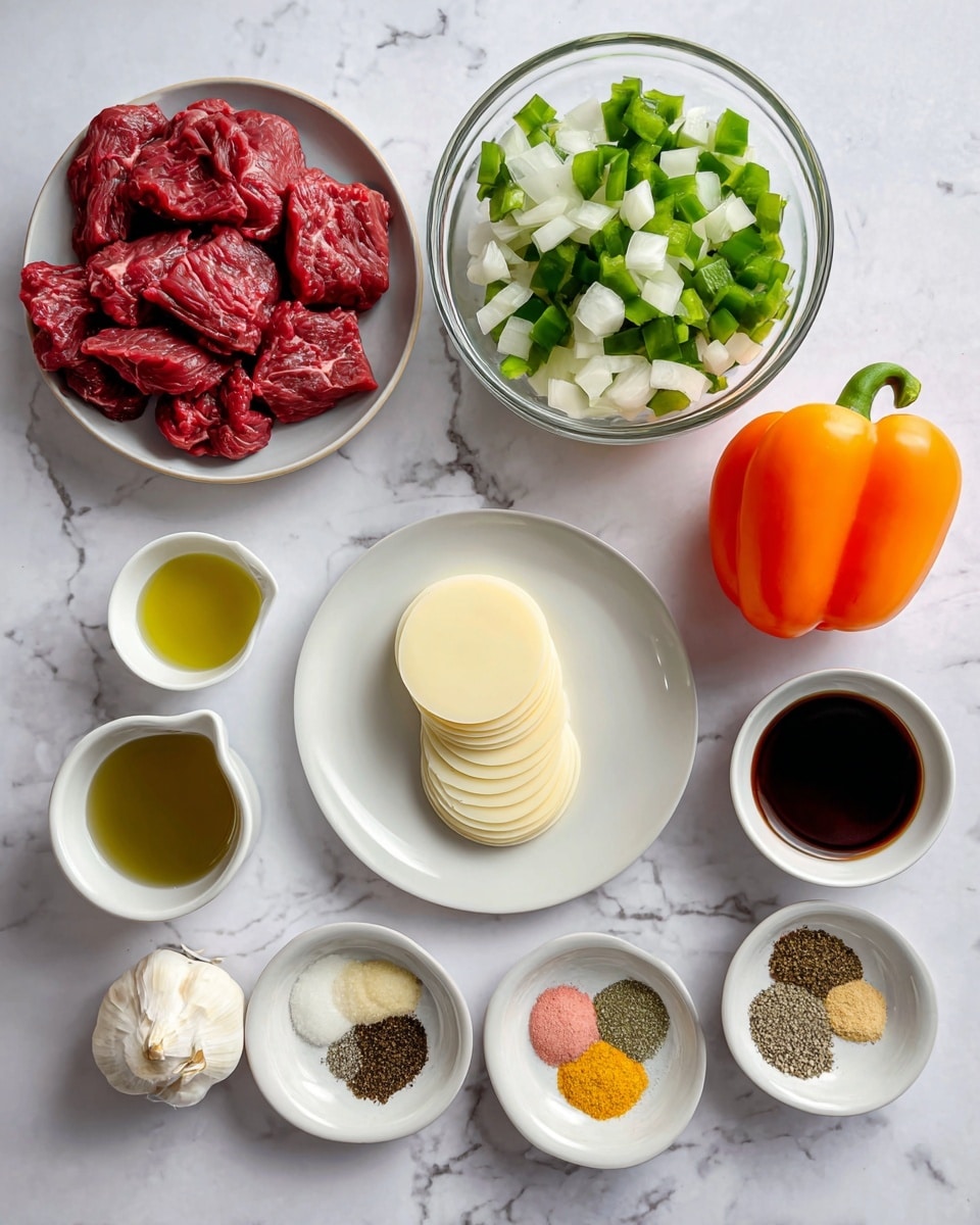 The image shows ingredients arranged neatly on a white marbled surface. In the bottom left, there is a white plate filled with raw, red flank steak pieces. Above it, a clear glass bowl holds chopped green bell pepper and white onions mixed together. To the right of the bowl, a small white cup contains light yellow olive oil, and next to it, another small white cup has dark brown Worcestershire sauce. Near the center, there is a neat stack of pale yellow, round provolone cheese slices. Two whole garlic cloves sit just below the cheese. On the bottom right, a white bowl holds seven different seasonings separated in small piles, displaying colors such as yellow, green, red, black, and light pink. To the right of the cheese, an orange bell pepper is placed. The background is a white marbled texture. photo taken with an iphone --ar 4:5 --v 7