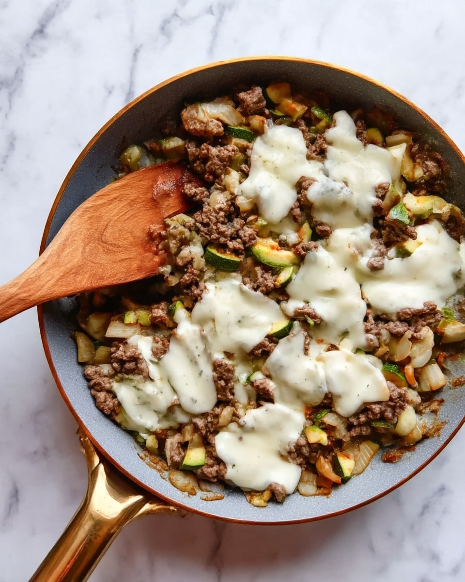 A gray pan with a gold handle holds a cooked dish of browned ground meat and small pieces of sautéed vegetables like zucchini and onions, forming the bottom layer with a mix of light brown and green colors. On top, there are several uneven white melted cheese patches spread across the meat and vegetables. A wooden spatula with a woman's hand holding its light brown handle is visible on the left side, partially resting in the pan. The background surface is a white marbled texture. photo taken with an iphone --ar 4:5 --v 7
