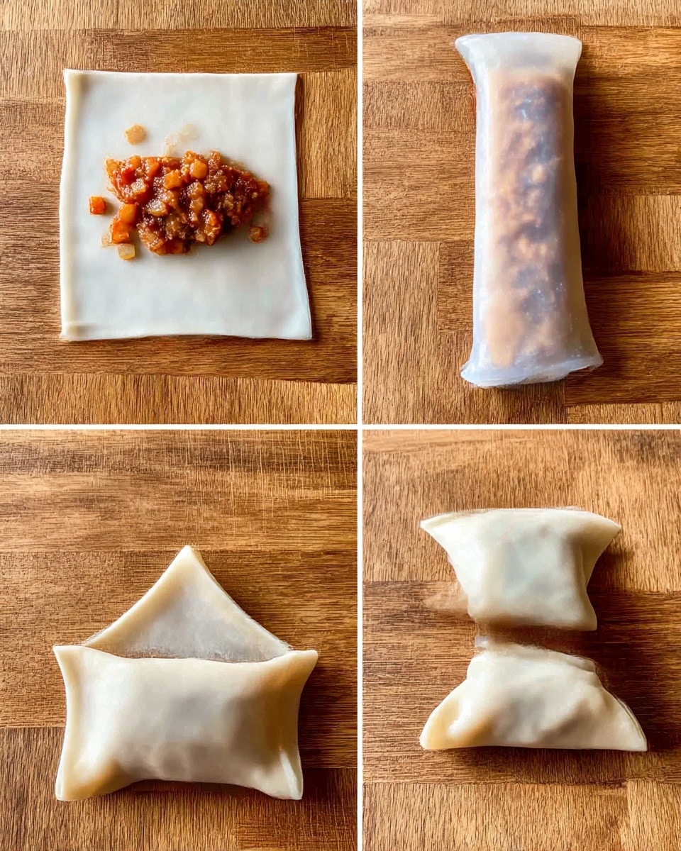 The image shows a step-by-step process of making a filled dumpling on a wooden surface. In the first part, a square white dough wrapper is laid flat with a reddish-orange filling containing small chopped pieces placed on the left side. Next, the wrapper is rolled over the filling forming a transparent, smooth, light-colored cylinder with the filling faintly visible inside. Then the roll is folded into a small rectangular pouch with the wrapper edges sealed tightly around the filling, creating a soft, slightly puffy texture. Finally, two dumplings are shown with their ends pinched and folded over, giving them a neat, closed look with a slightly thicker, crimped edge on both sides, all on the wooden surface. photo taken with an iphone --ar 4:5 --v 7