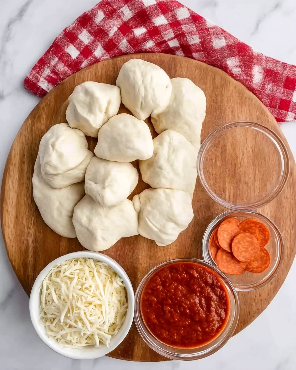 A round wooden board holds several small dough pieces arranged in the top half, each shaped unevenly and looking soft. Below on the left side, there is a white bowl filled with shredded cheese that looks creamy and smooth. Next to it, on the right, there is a clear bowl filled with red tomato sauce, which appears thick and rich. Above the cheese bowl, there is a small clear bowl with sliced orange pepperoni. A red and white checked cloth rests on the top right side of the wooden board. The background is a white marbled surface. Photo taken with an iphone --ar 4:5 --v 7