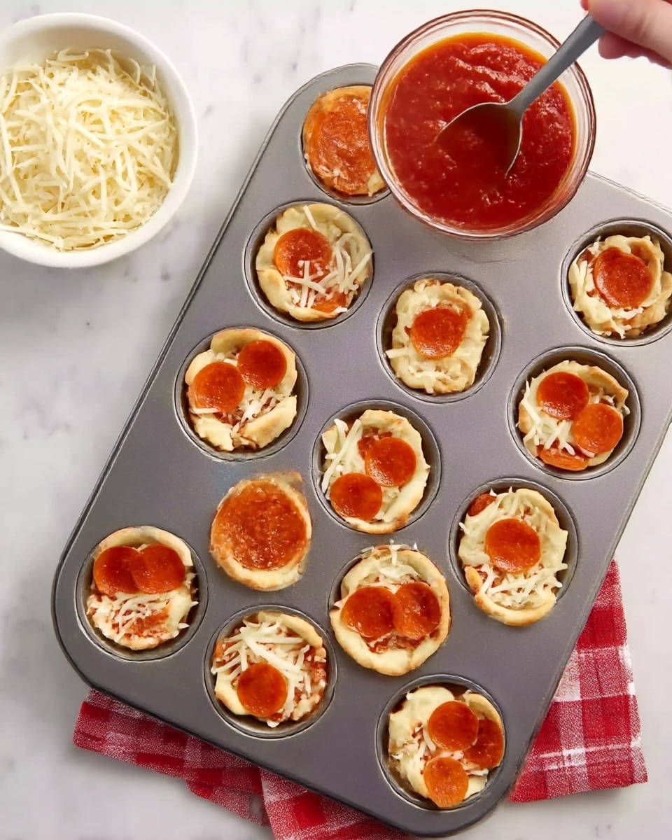 The image shows a metal muffin tray with 12 small pizza nests inside each cup. Each nest has a light golden dough base shaped like a small bowl, filled with shredded white cheese and topped with several small orange round slices of pepperoni. The tray is placed on a white marbled surface, next to a small white bowl filled with shredded cheese on the top left and a white bowl filled with red tomato sauce on the top right. A woman's hand holds a spoon dipping into the tomato sauce. A red and white checkered cloth is slightly visible under the bowls. Photo taken with an iphone --ar 4:5 --v 7