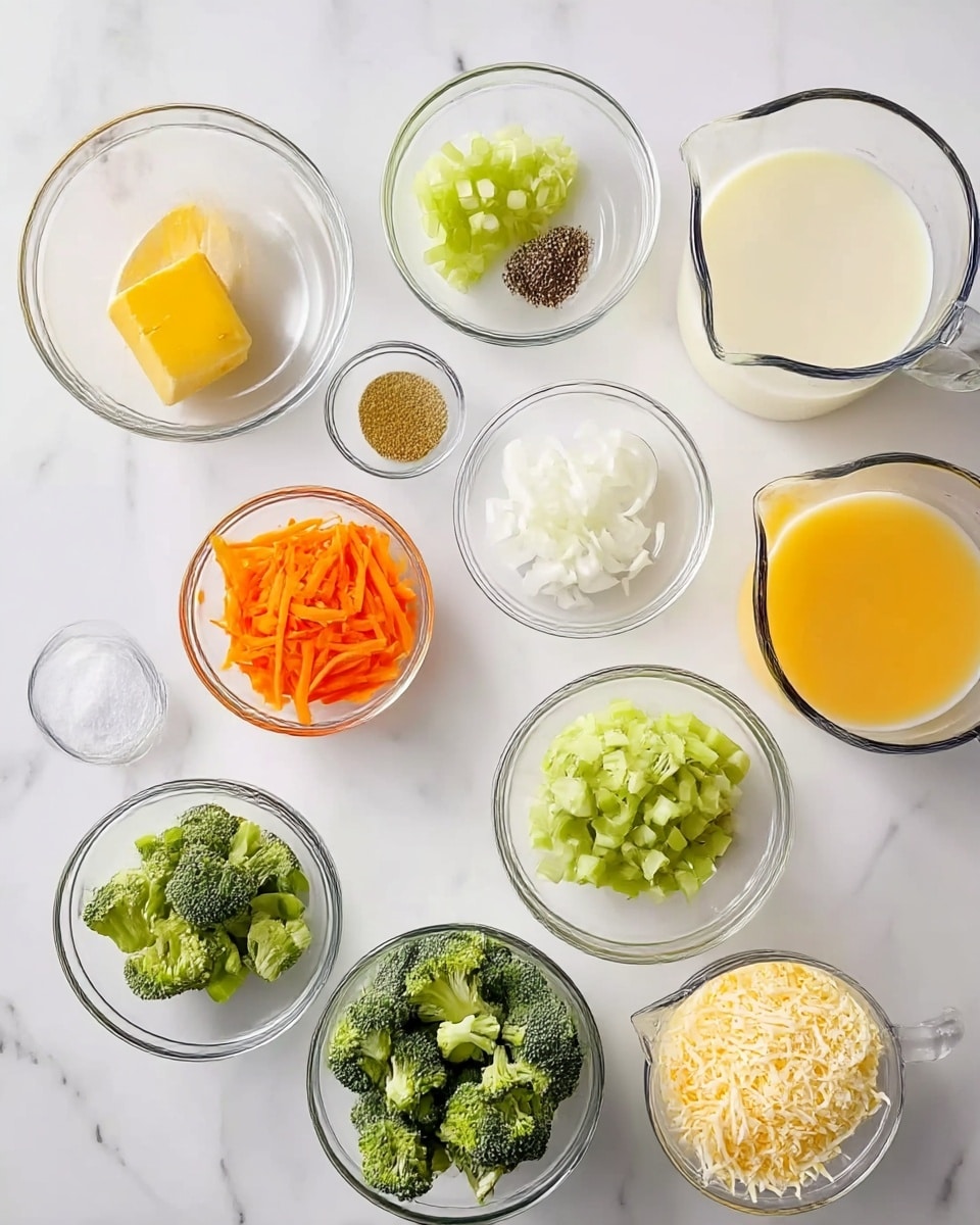 The image shows an overhead view of clear glass bowls arranged neatly on a white marbled surface. There are eleven bowls containing different ingredients: one with a cube of butter, one with salt, one with pepper, one with melted butter, one with chopped onions, one with thin carrot sticks, one with chopped celery, one with broccoli florets, one with grated cheddar cheese, one with flour, and two large measuring cups filled with chicken broth and milk. The colors range from yellow, green, orange, white, and light brown, with a mix of chopped, shredded, and liquid textures neatly displayed. photo taken with an iphone --ar 4:5 --v 7