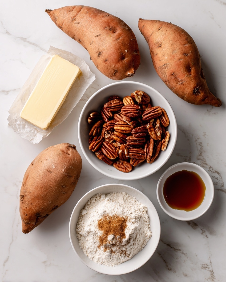 The image shows ingredients for a recipe placed on a white marbled surface. There are four whole sweet potatoes with brownish-orange skin scattered around. In the center is a white bowl filled with whole pecans, dark brown and textured with grooves. To the left of the pecans is a stick of light yellow butter in its paper wrapper. Below the pecans, there is a white bowl with a mound of white flour mixed with light brown cinnamon powder. Next to this bowl is a small white bowl holding dark amber-colored maple syrup. The ingredients are neatly arranged without overlapping, clearly showing their shapes and colors photo taken with an iphone --ar 4:5 --v 7