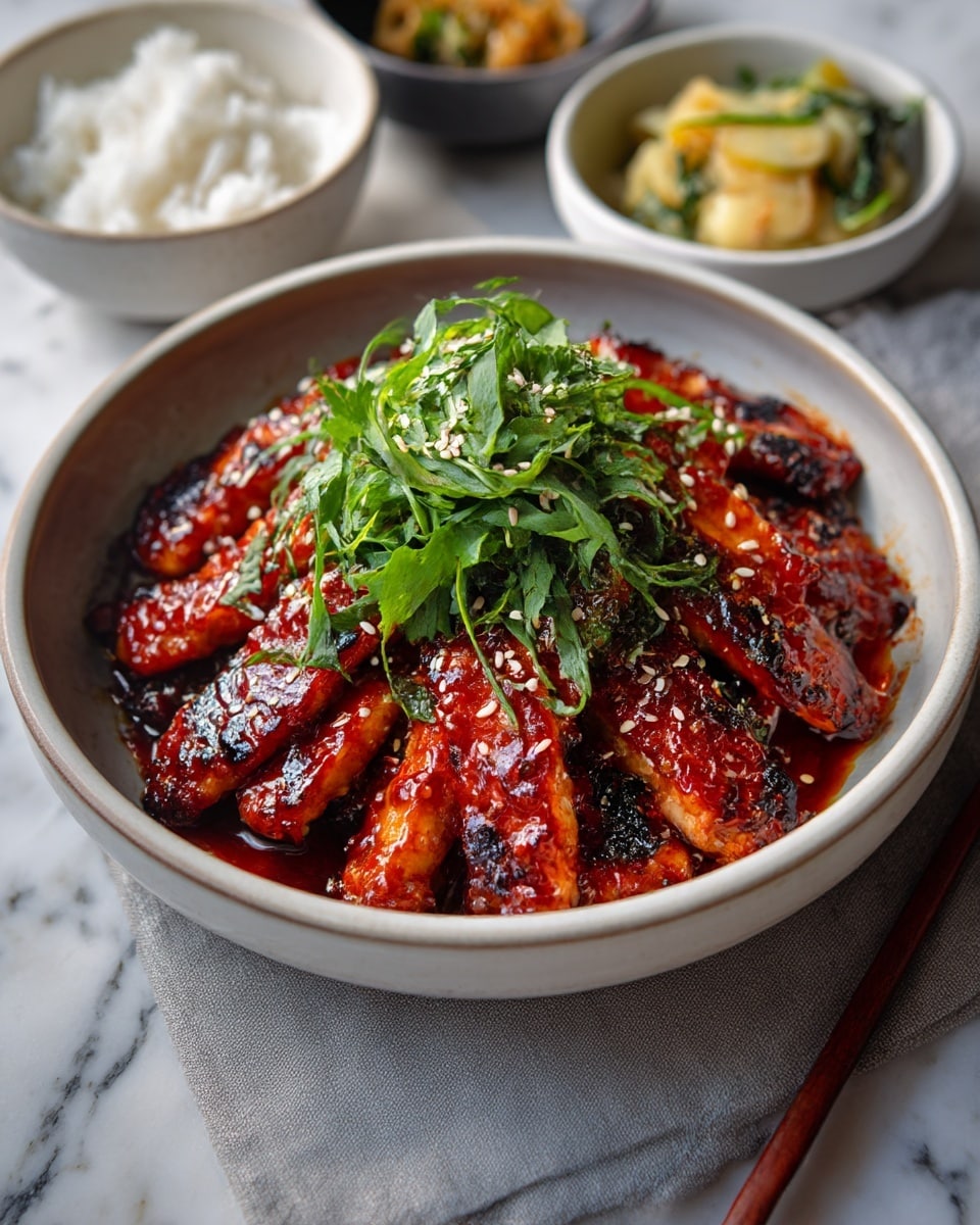 A round white bowl holds several thick pieces of grilled chicken with a shiny bright red sauce and some charred edges. On top of the chicken, there is a generous layer of thinly sliced green leafy herbs. The chicken is sprinkled with small white sesame seeds. The bowl sits on a light gray cloth, and in the background, there are two small white bowls, one filled with white rice and the other with a light yellow and green vegetable side dish. Pair of chopsticks rest on the bowl with rice. The surface underneath everything has a white marbled texture. photo taken with an iphone --ar 4:5 --v 7