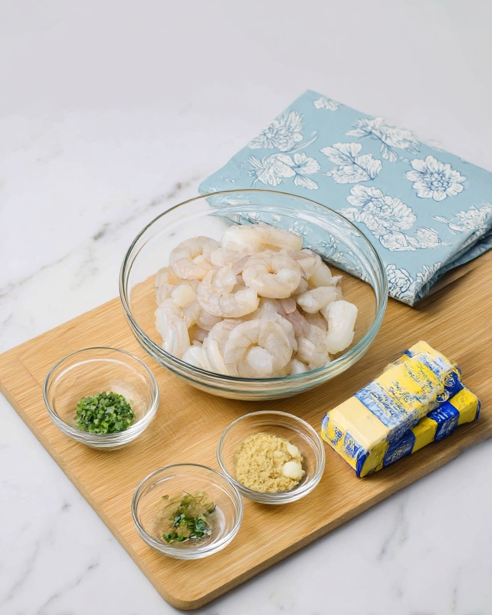A clear glass bowl sits on a wooden cutting board holding a pile of raw peeled shrimp, pale pink and white in color, showing their curved shapes and smooth texture. In front of this bowl, three small clear glass bowls hold different ingredients: chopped green herbs on the left, a grainy yellow mustard-like paste on the right, and minced garlic in the middle, light beige in color. To the right on the cutting board, there are two wrapped sticks of butter with blue and yellow packaging. The entire setup rests on a white marbled surface with a folded light blue cloth featuring white floral patterns behind the bowl. Photo taken with an iphone --ar 4:5 --v 7
