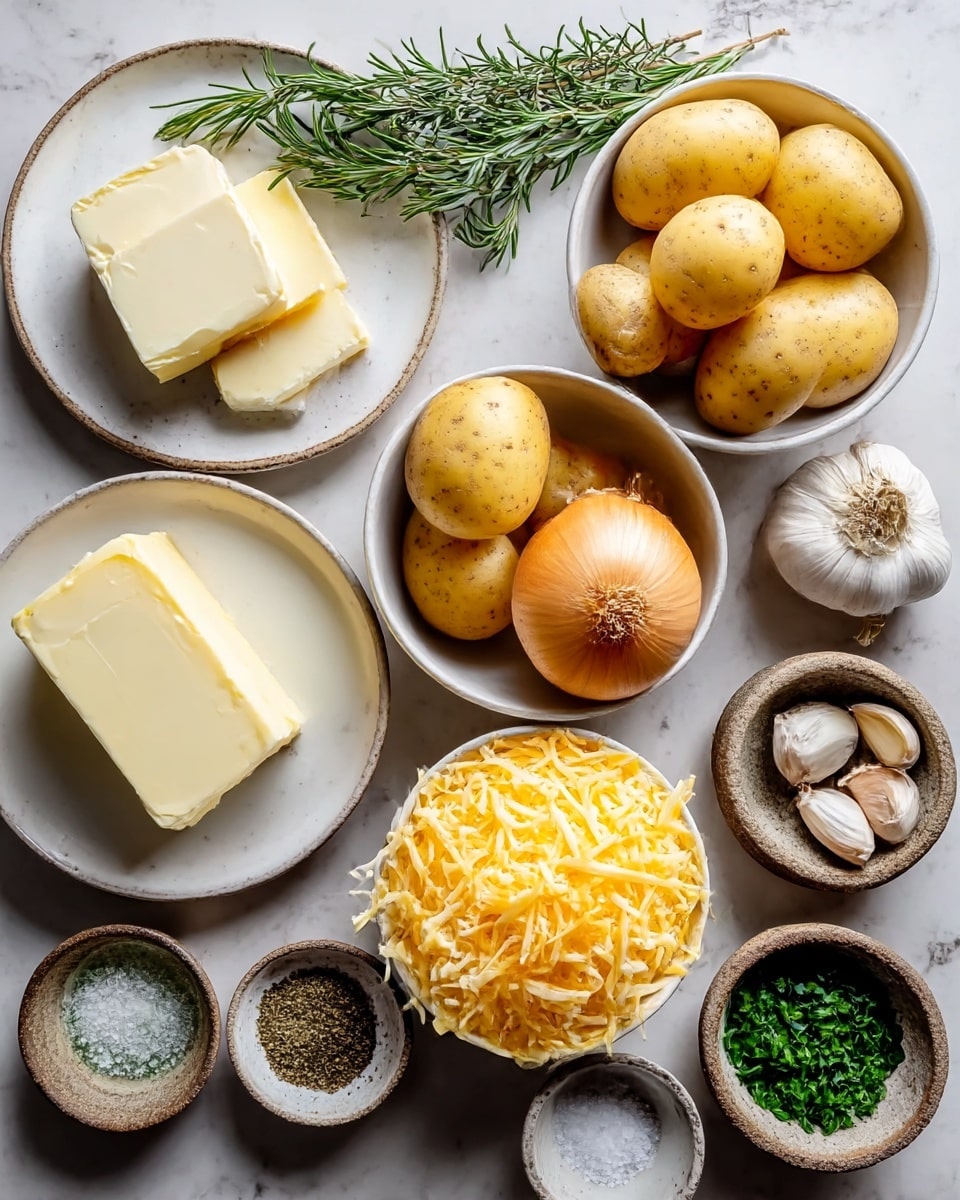 The image shows a flat lay of raw cooking ingredients arranged neatly on a white marbled surface. There are two white bowls, one filled with several whole yellow potatoes and another with a generous heap of shredded yellow and white cheese. Near the potatoes, there is a whole onion with a light brown skin and a bulb of garlic with three separate cloves placed on a small white dish. Surrounding those are smaller rustic bowls containing dried herbs, green chopped parsley, and what appears to be salt and pepper. A larger white bowl holds a light cream liquid. On the left side, a white plate holds a large slab of pale yellow butter with some smaller slices beside it. At the center top, sprigs of fresh rosemary and peeled garlic cloves rest on a small dish. The photo is taken with an iphone --ar 4:5 --v 7