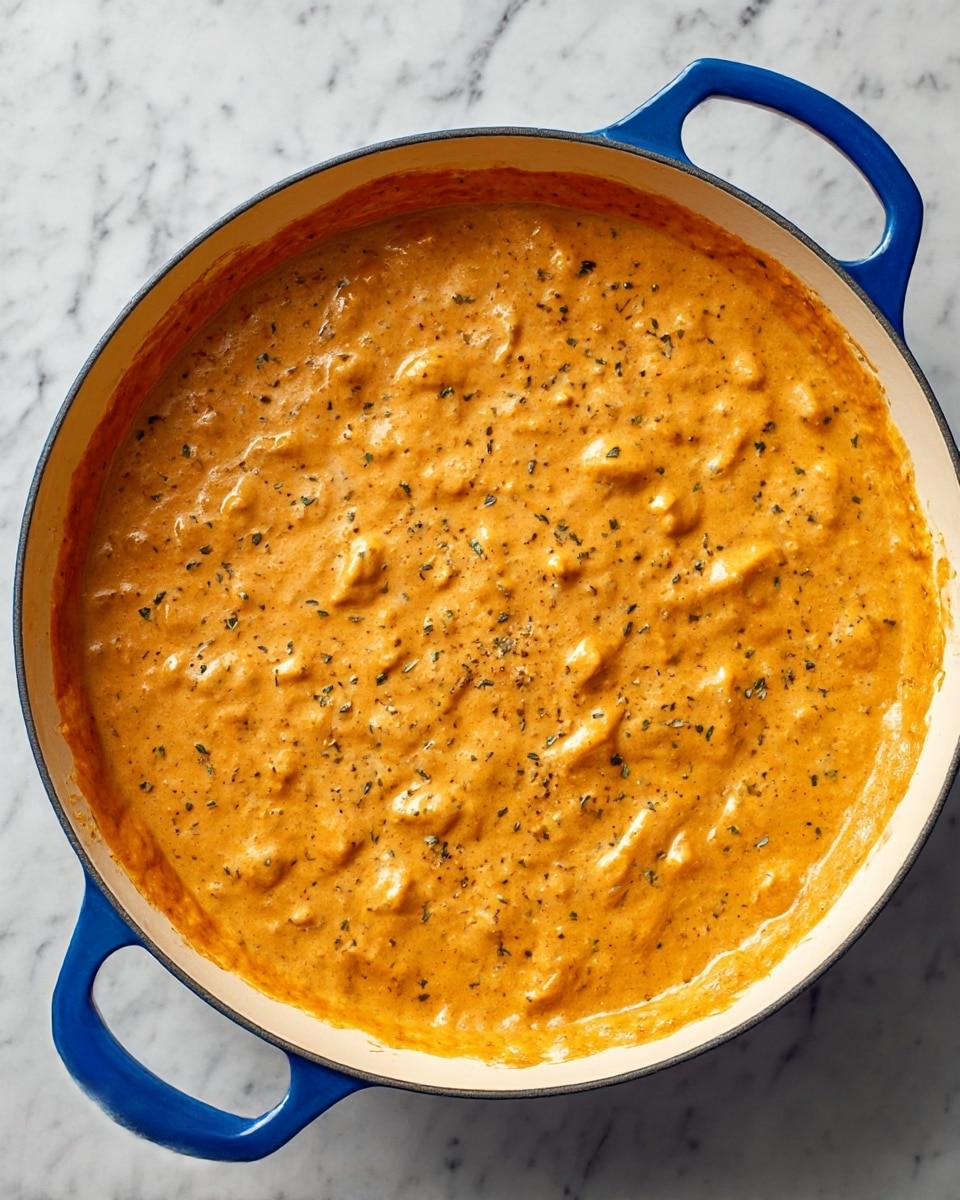 A large white pan with blue handles is filled with a thick, creamy orange sauce that has visible chunks mixed throughout. The sauce's texture is smooth and slightly lumpy, with small herbs and black pepper scattered across the surface. The edges of the sauce cling to the sides of the pan, creating a rich, hearty look. The pan sits on a white marbled surface, adding contrast to the warm tones of the sauce. photo taken with an iphone --ar 4:5 --v 7