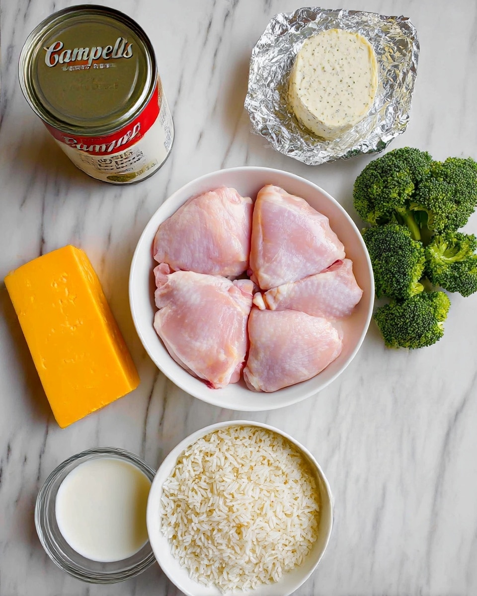 The image shows several ingredients arranged neatly on a white marbled surface. In the center, there is a white bowl filled with five pieces of raw pink chicken thighs. Below it, another white bowl is filled with cooked white rice. To the left of the chicken is a can of Campbell's cream of chicken with herbs soup, next to a block of bright orange cheddar cheese. Above the chicken, a round portion of white herb butter is wrapped in silver foil. To the right of the chicken, there is a cluster of fresh green broccoli and a small clear bowl containing a white creamy mixture. A glass of white liquid is placed near the bottom left corner. photo taken with an iphone --ar 4:5 --v 7
