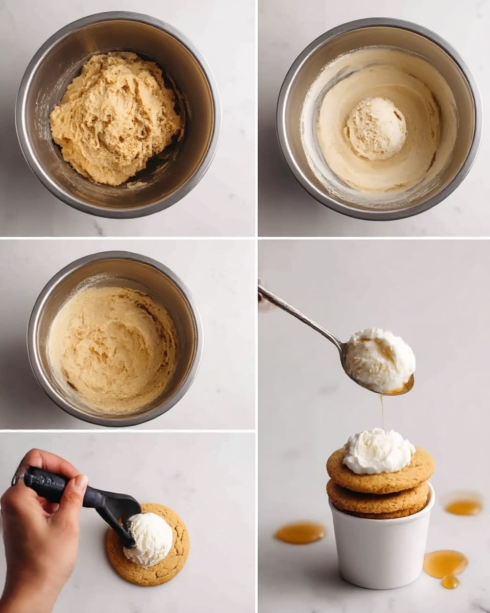 The image shows six photos arranged in two rows. The first row has three metal mixing bowls, each containing different stages of dough: the first bowl has a dense, uneven, light tan dough, the second bowl holds a smoother, light creamy mixture, and the third bowl contains a beige, more solid dough with a rough surface inside. The second row shows a woman's hand scooping dough with a black ice cream scoop, placing a round ball on white marble surface. Next, a spoon is adding a dollop of creamy white topping to the flat, round cookies, and the last photo displays a stack of three light tan cookies on a small white cup with a scoop of white cream on top and honey drops around on white marble surface. Photo taken with an iphone --ar 4:5 --v 7