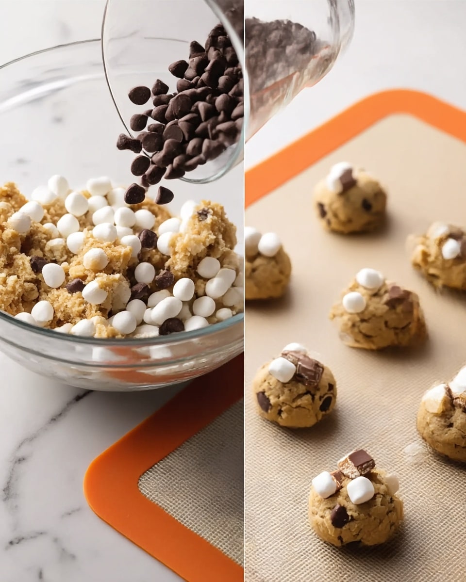 The image shows two parts: on the left, a close-up of a clear glass bowl filled with cookie dough mixed with lots of small white marshmallows and dark brown chocolate chips, with more chocolate chips being poured from a clear glass container into the bowl, all on a white marbled surface; on the right, there are six raw cookie dough balls placed evenly on a beige silicone baking mat with orange edges, each dough ball topped with small white marshmallows and pieces of milk chocolate. photo taken with an iphone --ar 4:5 --v 7