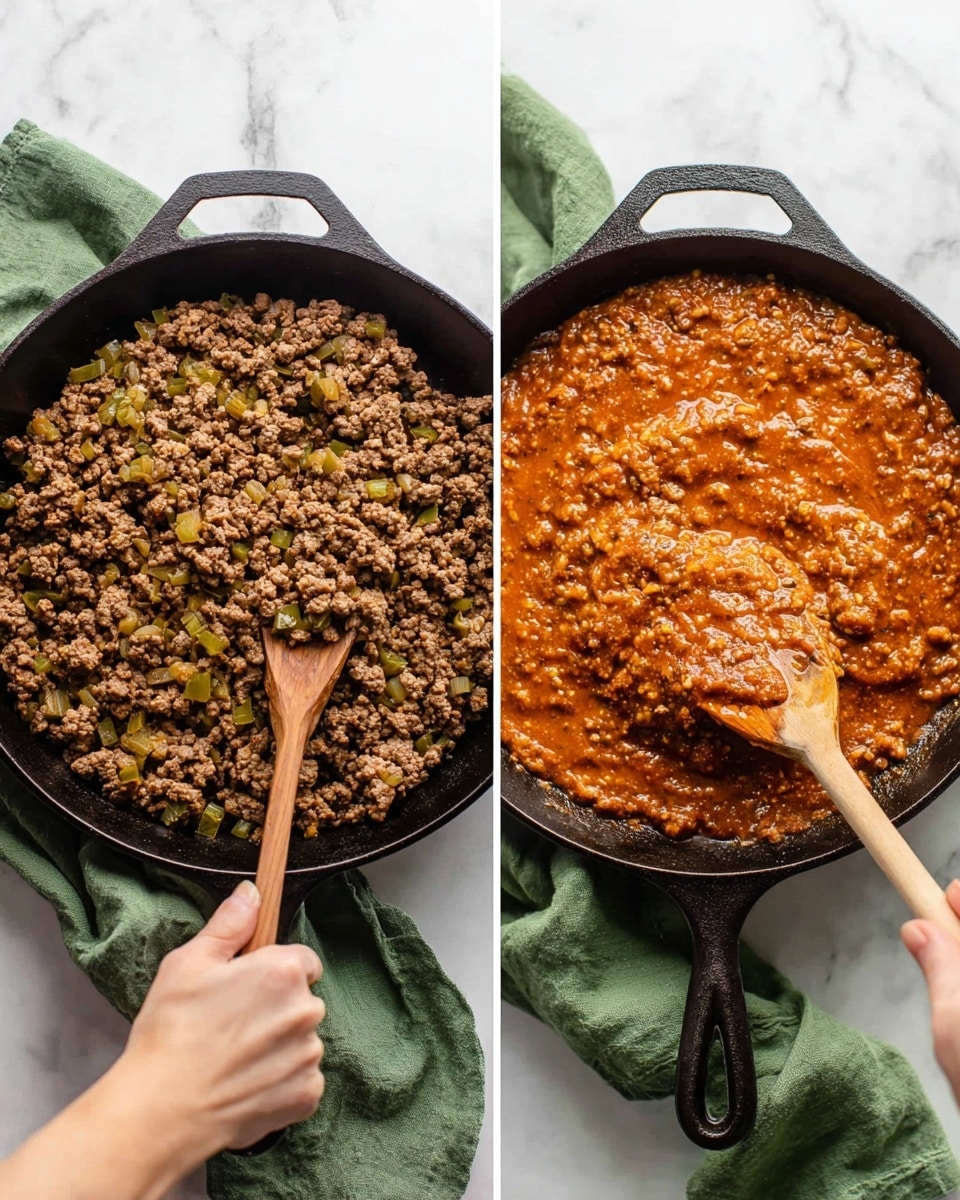 Two side-by-side images show a black cast iron skillet on a white marbled surface, with a green cloth nearby. In the left image, the skillet holds a layer of cooked ground meat mixed with small pieces of light green vegetables, stirred by a woman's hand using a wooden spoon. In the right image, the skillet contains the same meat, now covered with a thick, reddish-orange sauce layer that's also being stirred with the wooden spoon. Both images focus on the textured layers of the meat and sauce inside the skillet, with the green cloth and white marbled surface creating a clean background. Photo taken with an iphone --ar 4:5 --v 7