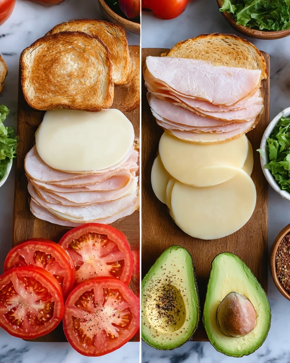 The image shows slices of toasted bread placed at the top left corner of a wooden board, with layers of light pink turkey slices right below them. Next to the turkey, there are four round slices of pale yellow cheese, stacked slightly overlapping each other. To the bottom right of the cheese, there are two halves of a green avocado with a smooth texture, one half showing the pit. In the bottom left, there are thick, fresh red tomato slices with visible seeds and juice, some sprinkled with black pepper. The background is a white marbled surface with small bowls of green leafy salad and a red tomato visible at the edges. photo taken with an iphone --ar 4:5 --v 7