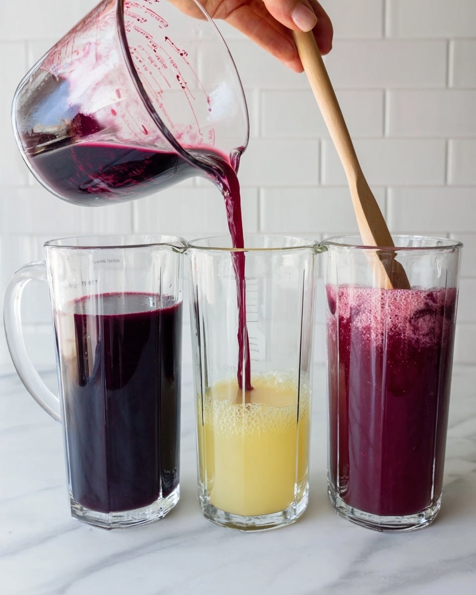 The image shows three clear glass pitchers side by side on a white marbled surface with a white subway tile background. In the first pitcher, a deep dark purple liquid is being poured from a measuring cup into the bottom, creating a thick layer. The second pitcher shows a pale yellow liquid being poured from another measuring cup into the dark purple liquid, forming a bubbly transition between the layers. The third pitcher contains a smooth, mixed dark pinkish purple liquid being stirred with a wooden spoon held by a woman's hand visible at the top right. The clear pitchers highlight the rich colors and textures of the liquids inside. Photo taken with an iphone --ar 4:5 --v 7