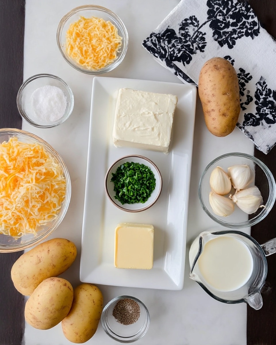 The image shows cooking ingredients arranged neatly on a white marbled surface. In the center, there is a white rectangular plate with three layers: a block of cream cheese on top, finely chopped chives in a small round bowl in the middle, and a square of butter at the bottom. Around this plate, there are whole yellow potatoes and russet potatoes placed on the surface. Two peeled garlic cloves are in a small clear bowl to the right of the plate. To the left, there is a clear bowl filled with shredded cheese that is a mix of yellow and white. Above the plate, a small glass bowl contains salt, and below the plate, there is a small bowl of pepper. At the bottom right corner, a glass measuring cup holds milk. A white cloth with a black floral pattern is folded in the upper right corner. photo taken with an iphone --ar 4:5 --v 7