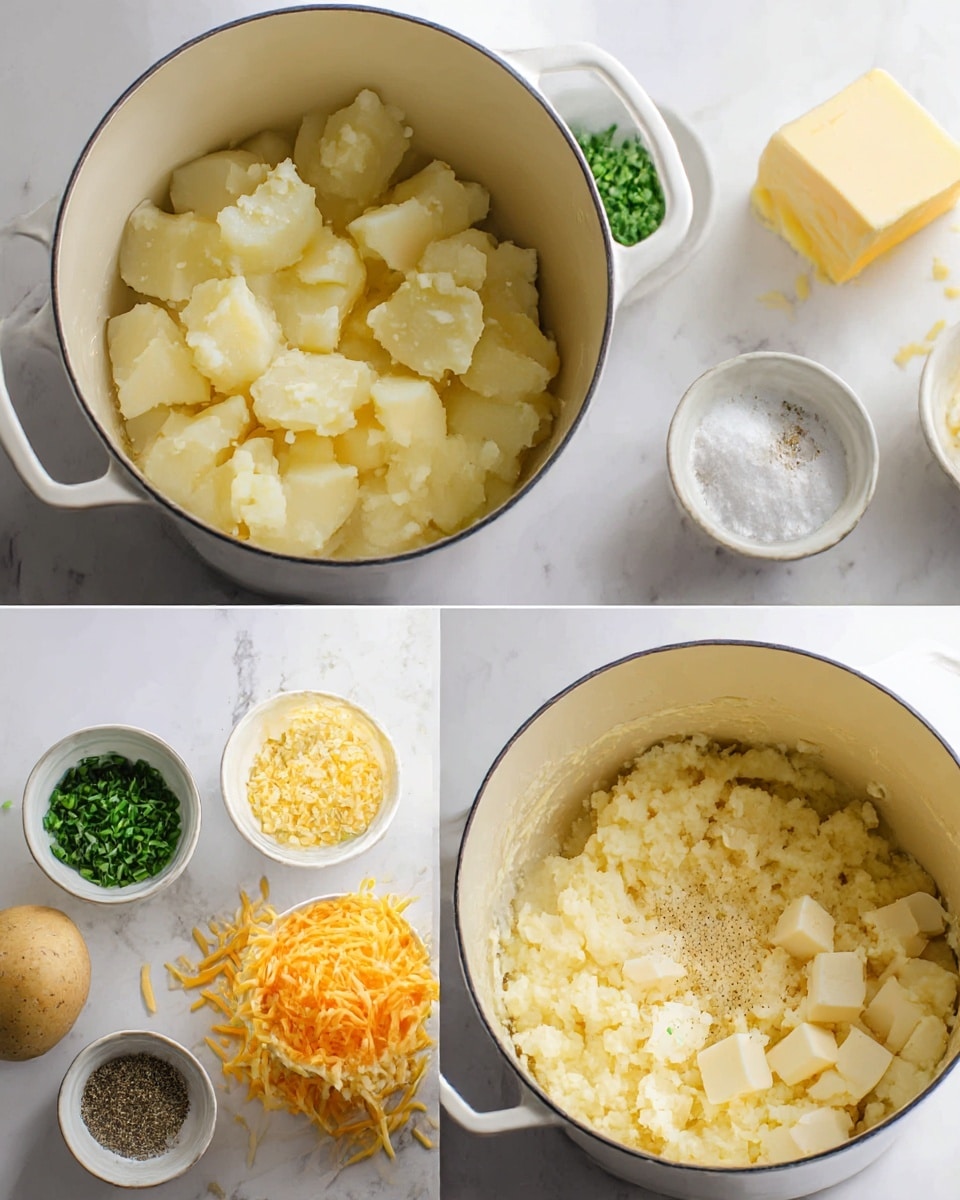 The image shows three stages of making mashed potatoes. The first part has a white pot filled with large chunks of peeled and unpeeled potatoes, surrounded by small bowls with green chives, salt, garlic, shredded yellow and white cheese, and a block of butter on a white marbled surface. The middle part shows the potatoes inside the same white pot, now mashed to a soft, creamy texture with some small lumps left. The third part shows the mashed potatoes mixed with shredded cheese, cubes of yellow cheese, cubes of white cheese, and some black pepper inside the white pot, ready to be stirred together. Photo taken with an iphone --ar 4:5 --v 7