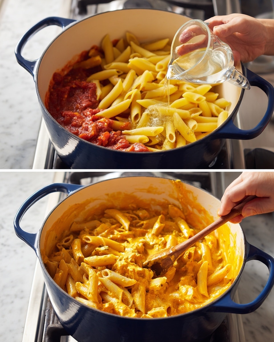 A large white pot filled with multiple layers of food sits on a stove with a white marbled background. The bottom layer is a thick red sauce covering the pot’s base, topped with a large layer of plain yellow penne pasta. In the left image, a woman's hand is pouring clear liquid from a small measuring cup over the pasta. In the right image, a woman's hand is stirring the contents with a wooden spoon, mixing the pasta thoroughly with the creamy orange sauce and chunks of textured protein evenly distributed in the pot. The pot has dark blue handles on both sides. Photo taken with an iphone --ar 4:5 --v 7