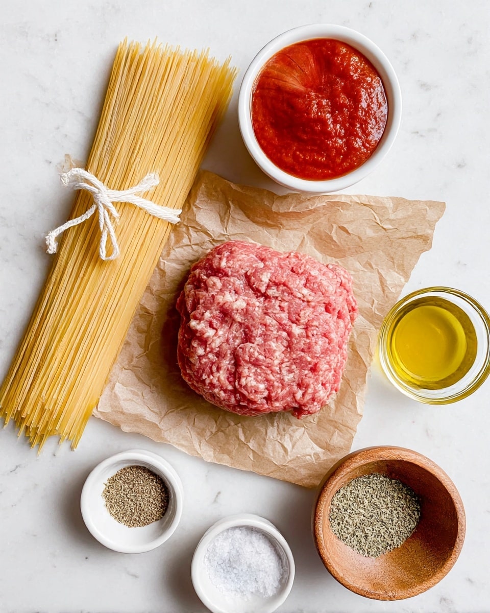 The image shows raw ground meat placed in the center on crumpled brown parchment paper, with a large whole onion above it. To the left, there is a bundle of uncooked spaghetti tied with white string, and above the spaghetti, a small white bowl filled with thick red tomato sauce. To the right of the meat, a small clear glass bowl contains golden olive oil. Below the olive oil, a wooden bowl with coarse salt and a small white bowl holding two types of dried herbs and spices are arranged. All items are set on a white marbled surface. Photo taken with an iphone --ar 4:5 --v 7