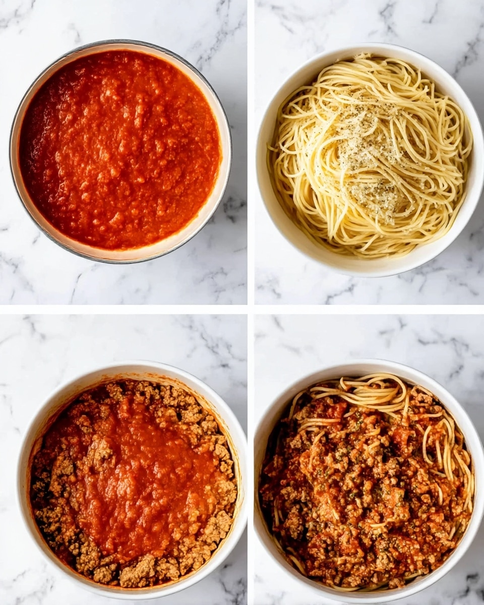 The image shows three stages of making spaghetti with sauce in a white bowl on a white marbled surface. The first stage has a layer of cooked ground meat at the bottom with a thick layer of bright red tomato sauce on top. The second stage shows the sauce spread out evenly in the bottom of the bowl with a large nest of pale yellow spaghetti piled on one side, with some herbs nearby. The last stage shows the spaghetti mixed with the meat and tomato sauce, creating a textured layer of brownish red and pale yellow pasta strands all together in the white bowl. Photo taken with an iphone --ar 4:5 --v 7