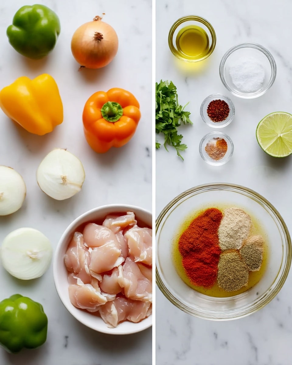 The image shows two side-by-side photos on a white marbled surface. The left photo displays raw sliced chicken pieces in a white bowl at the bottom center, surrounded by three small whole onions on the top left, three whole bell peppers (one green, one yellow, one orange) placed in a curve to the right, and some loose cilantro leaves, a small glass bowl of oil, a small glass bowl with dry salt, and a small white bowl with red, white, and black spices arranged in a small circle near the top center. The right photo focuses on a close-up of a transparent glass bowl with oil and four different powdered spices in separate layers on top of the oil, flanked by two lime halves with one slightly squeezed, all positioned on the white marbled surface. Photo taken with an iphone --ar 4:5 --v 7