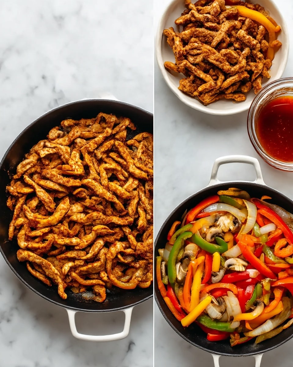 The image shows two black pans with white handles placed on a white marbled surface. The left pan is filled with cooked golden brown strips of seasoned meat, with a slightly crispy texture on top, layered closely together covering the whole pan. The right pan contains a mix of sautéed colorful vegetables, including orange, red, yellow, and green bell peppers, white onions, and sliced mushrooms, all slightly shiny and soft, layered evenly throughout the pan. In the top right corner, a white bowl holds more cooked meat strips, and a small glass container with reddish sauce is partly visible at the bottom. Photo taken with an iphone --ar 4:5 --v 7