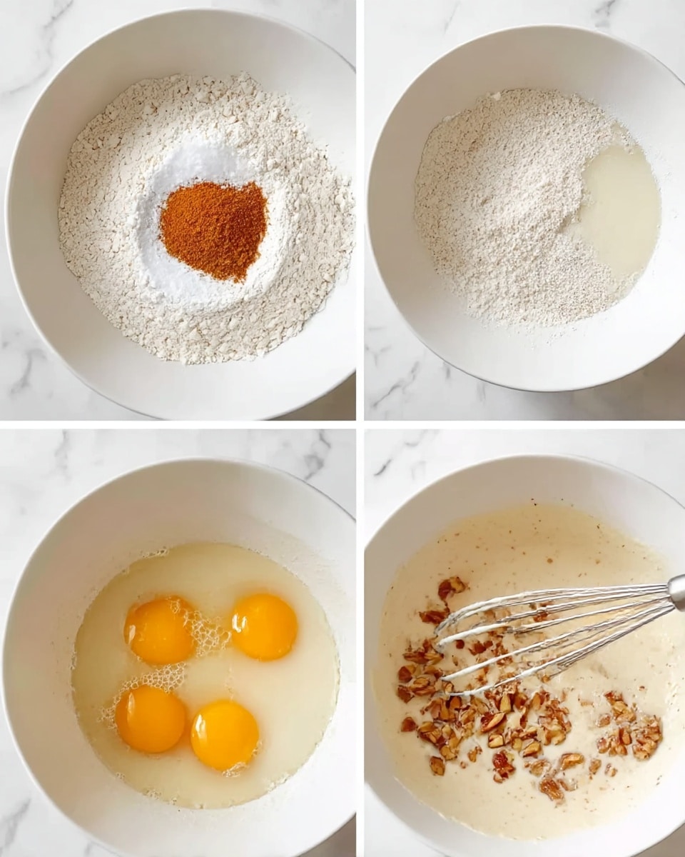 The first image shows a large white bowl filled with a pile of white flour, with a small heap of cinnamon powder and white sugar on top at the center. The second image shows the same white bowl with added wet ingredients: two cracked eggs with bright yellow yolks and a pale liquid, possibly milk, alongside some more flour scattered around the edges. The third image shows the batter now mixed to a smooth, pale cream color in the bowl, with small pieces of chopped nuts being added on one side with a metal whisk resting at the top edge. The background surface is white marbled. photo taken with an iphone --ar 4:5 --v 7