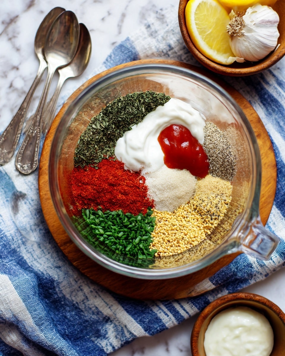 The image shows a clear glass measuring cup filled with several distinct layers of ingredients arranged side by side. Starting from the top left and moving clockwise, there is a dark green dried herb, bright red ketchup, a dollop of white creamy sauce, a beige paste, bright red powder sprinkled over bright green chopped chives, a grainy yellow mustard, black and white speckled pepper, and more green dried herbs. The measuring cup sits on a round wooden coaster on a blue and white striped cloth, with two silver spoons on the left and a whole garlic bulb and a small bowl of cream to the right. A wooden bowl holding lemon wedges is located at the bottom left, all on a white marbled surface. Photo taken with an iphone --ar 4:5 --v 7