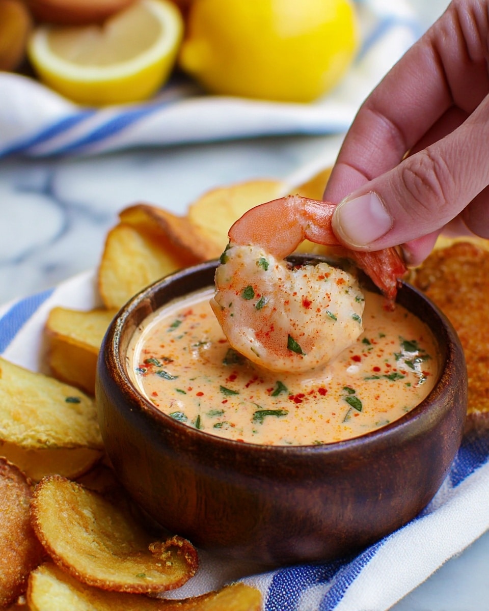 A close-up image shows a woman's hand dipping a pink cooked shrimp with green herbs and red chili flakes into a creamy, light orange sauce speckled with green herbs inside a small dark wooden bowl. Around the bowl, there are golden-brown potato chips scattered on a white cloth with blue stripes, and a bright yellow lemon is visible in the blurred background on a white marbled surface. Photo taken with an iphone --ar 4:5 --v 7