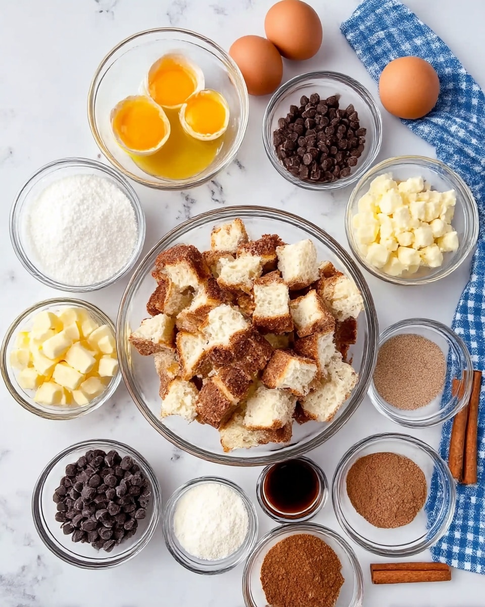 A top view of several clear glass bowls arranged on a white marbled surface, each holding different baking ingredients: a large bowl in the center filled with cubed bread showing both crusty brown edges and soft white insides, surrounded by smaller bowls containing white sugar, yellow chopped butter cubes, chocolate chips, brown cocoa powder, light brown powder, a small amount of brown cinnamon powder, and a small bowl of dark vanilla extract. Four brown eggs are placed on the surface around the bowls, and one bowl near the top center holds two cracked eggs showing bright yellow yolks and clear whites. A cinnamon stick and a blue and white checkered cloth are also visible on the right side. Photo taken with an iphone --ar 4:5 --v 7