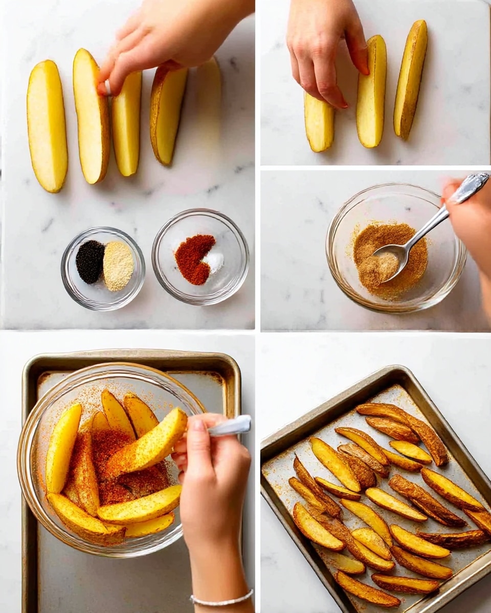The images show a step-by-step process of making seasoned potato wedges. In the first two images, a woman's hand slices a peeled potato vertically into thick wedges on a white marbled surface. The third image shows a small clear bowl with five types of seasonings, including red, white, black, and beige powders, with a spoon mixing them. The fourth image has a woman's hand holding a clear bowl with raw potato wedges being coated with the seasonings, showing a mix of yellow potato and red seasoning. The fifth image shows a baking tray with uncooked potato wedges spread out evenly, coated with seasoning giving them a golden-brown look, placed on a white marbled surface. The sixth image shows the same tray with cooked potato wedges, now darker brown and crispier, still on the white marbled surface. Photo taken with an iphone --ar 4:5 --v 7