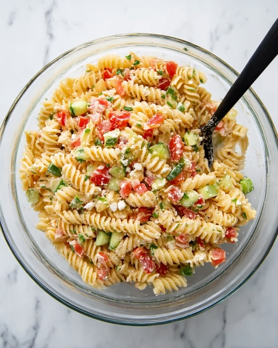 A clear glass bowl filled with three layers of rotini pasta salad is shown from above, resting on a white marbled surface. The base layer is made of tightly twisted rotini pasta in a pale yellow color. Mixed evenly among the pasta are diced bright red tomatoes and light green cucumber pieces, creating a fresh and colorful look. Scattered across the salad are small pieces of white cheese and green herbs, adding texture and color contrast. A black spoon is placed inside the bowl on the right side. Photo taken with an iphone --ar 4:5 --v 7