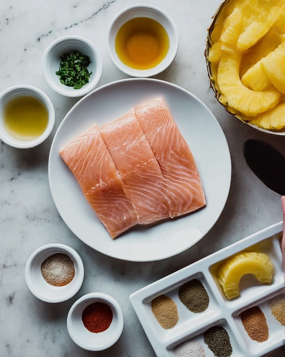 The image shows a white round plate with three raw salmon fillets, light pink with a smooth texture and thin darker lines, placed side by side. Around the plate are small white bowls on a white marbled surface. At the top left, a small white bowl holds chopped green herbs. Next is a small white bowl with amber colored liquid, followed by another with golden yellow liquid. To the right, a medium white bowl contains several yellow pineapple rings stacked loosely. Below them is a white spice tray with six compartments, each filled with different spices: light brown powder, red powder, white salt, black pepper, green herbs, and beige powder. A woman’s hand holding a black utensil partly enters from the right edge. Photo taken with an iphone --ar 4:5 --v 7
