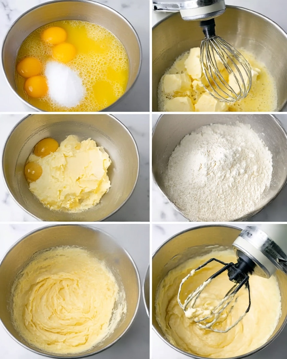 The image shows six close-up views of the baking process inside a shiny metal bowl on a white marbled surface. The first layer has bright yellow egg yolks on the bottom left, topped with white sugar on the right. The second layer shows a mixed yellow foam with bubbles, with a whisk resting inside the bowl. The third layer has chunks of pale yellow butter on the mixed light yellow eggs, with a mixer’s black beater visible above. The fourth layer shows a creamy, smooth pale yellow butter mixture, with some white ingredient on top and the mixer beater partly submerged. The fifth layer has a mound of white flour being added to the pale yellow creamy mix, with the mixer’s beater still present. The final layer shows a thick, creamy mixture of pale yellow dough being mixed by the black beaters inside the bowl. Photo taken with an iphone --ar 4:5 --v 7