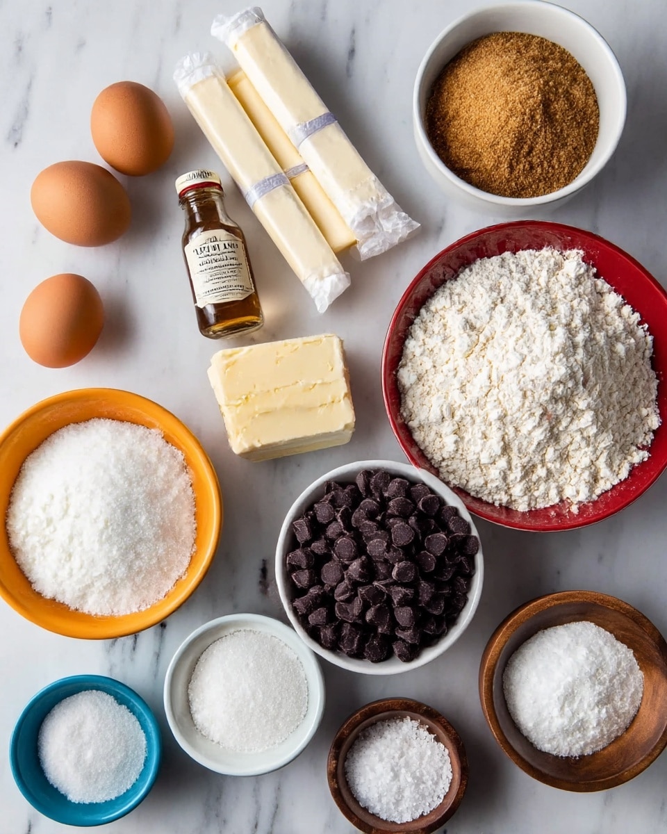 The image shows an overhead view of baking ingredients arranged neatly on a white marbled surface. There are two brown eggs placed close to two white sticks of butter wrapped in paper. A small drink bottle with a vanilla label is near an orange bowl filled with white granulated sugar. A white bowl holds a large amount of dark chocolate chips, while a white bowl next to it is filled with white flour. A red bowl containing brown sugar sits near the top. In smaller bowls, there is white baking powder in a blue bowl and white salt in a small wooden bowl. The scene is well lit, clear, and organized, with all items spread out evenly. Photo taken with an iphone --ar 4:5 --v 7