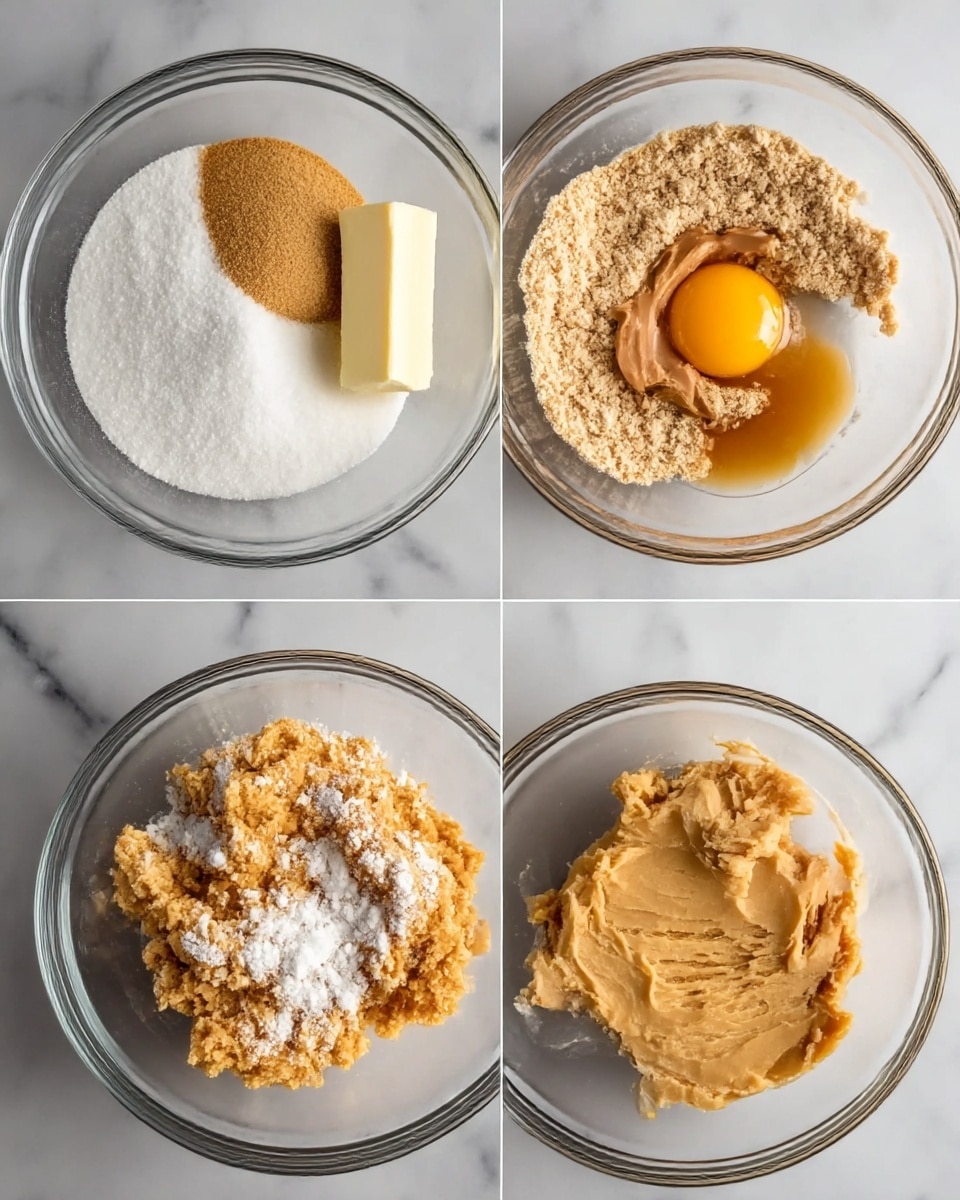 The image shows four clear bowls with different stages of mixing cookie dough arranged in a 2x2 grid on a white marbled surface. The top-left bowl has three layers: white sugar at the bottom, light brown sugar on one side, and a stick of pale yellow butter beside them. The top-right bowl contains a mix of light brown flour-like crumbs around the edge, a small pool of light brown peanut butter, and an uncooked egg yolk resting on top near the center. The bottom-left bowl shows a layered contrast with an orange-tan dough base mixed with a heap of white powdered sugar spread unevenly on top. The bottom-right bowl has smooth, light brown dough spread flat in the bowl with some texture marks on the surface. photo taken with an iphone --ar 4:5 --v 7